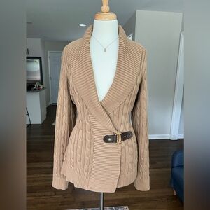 Lauren Ralph Lauren Ribbed Shawl Collar Buckled Cotton Sweater